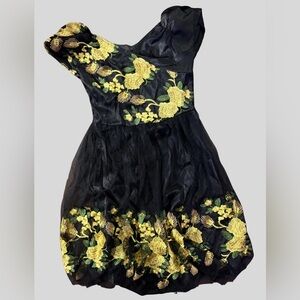 Elegant Black and Gold Embroidered Midi Dress